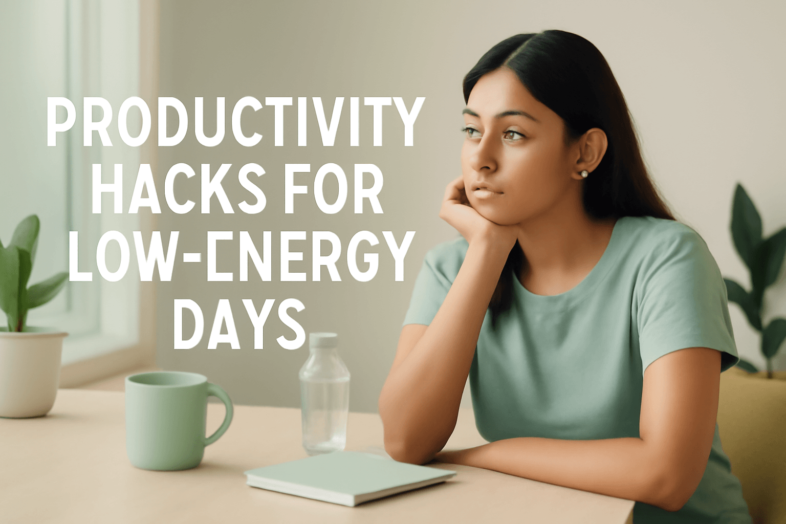 Indian woman at desk stretching with tea beside her – low energy day productivity moment